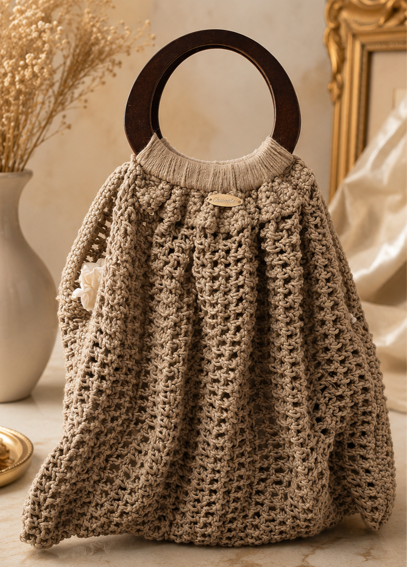 Handmade Crochet Tote Bag with Wooden Handles