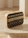 Luxury black embroidered clutch with natural wooden frame handcrafted by Chainettes