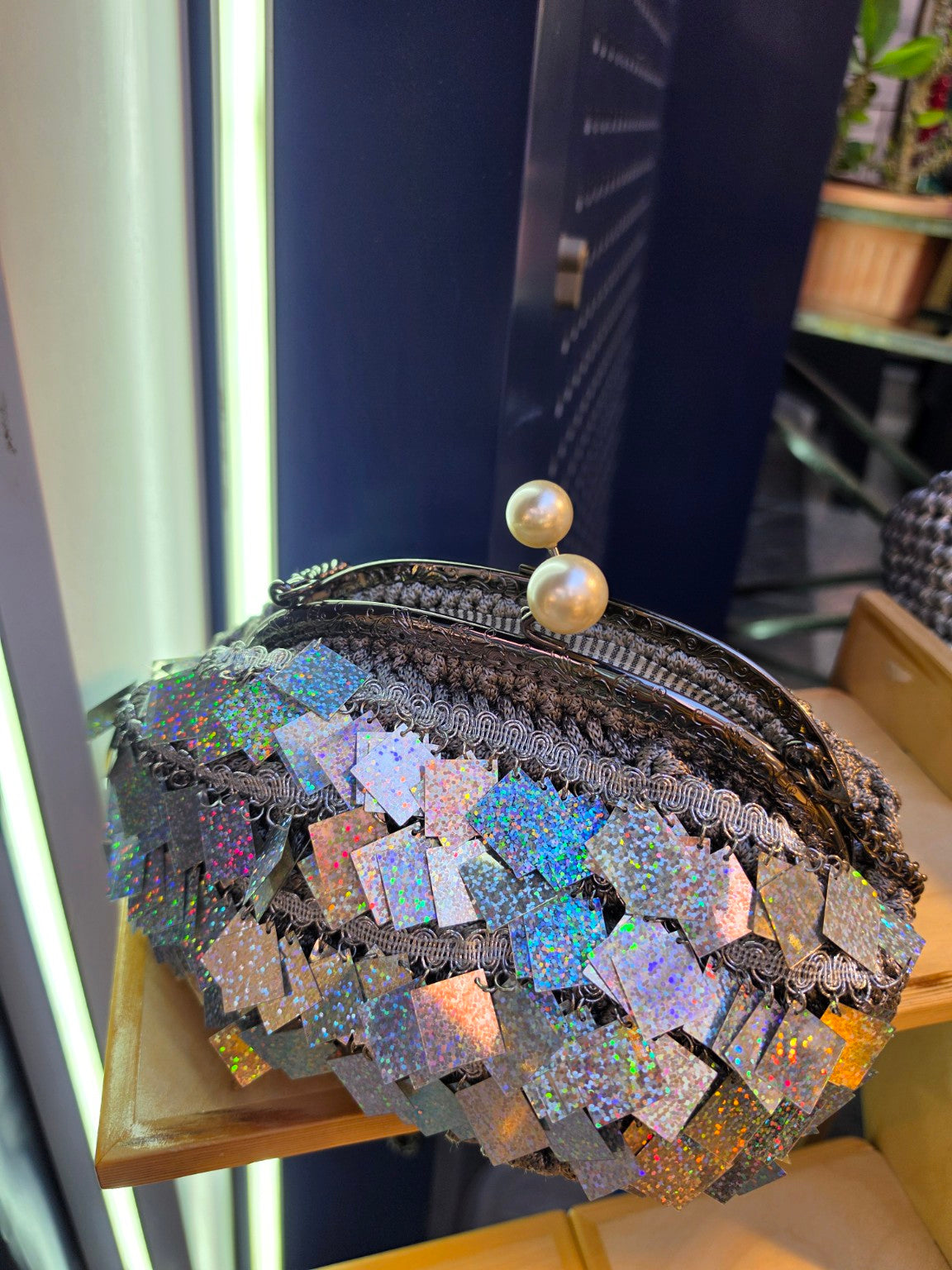 Detailed product view 2 of Luna Holographic Crochet Clutch by Chainettes
