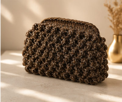 Espresso Bouclé Crochet Clutch