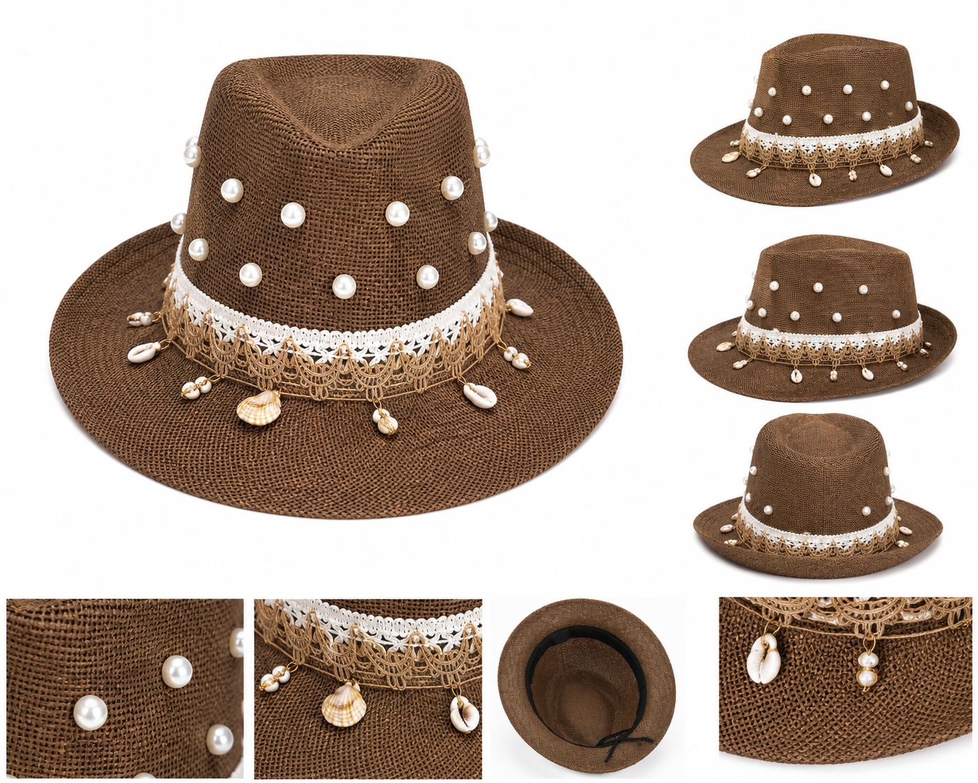 Handmade brown coastal fedora hat decorated with pearls and natural seashells by Chainettes.