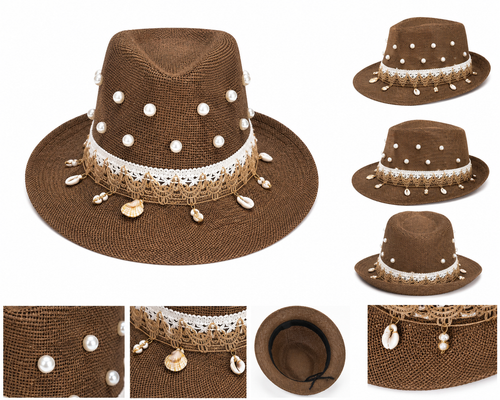 Handmade brown coastal fedora hat decorated with pearls and natural seashells by Chainettes.