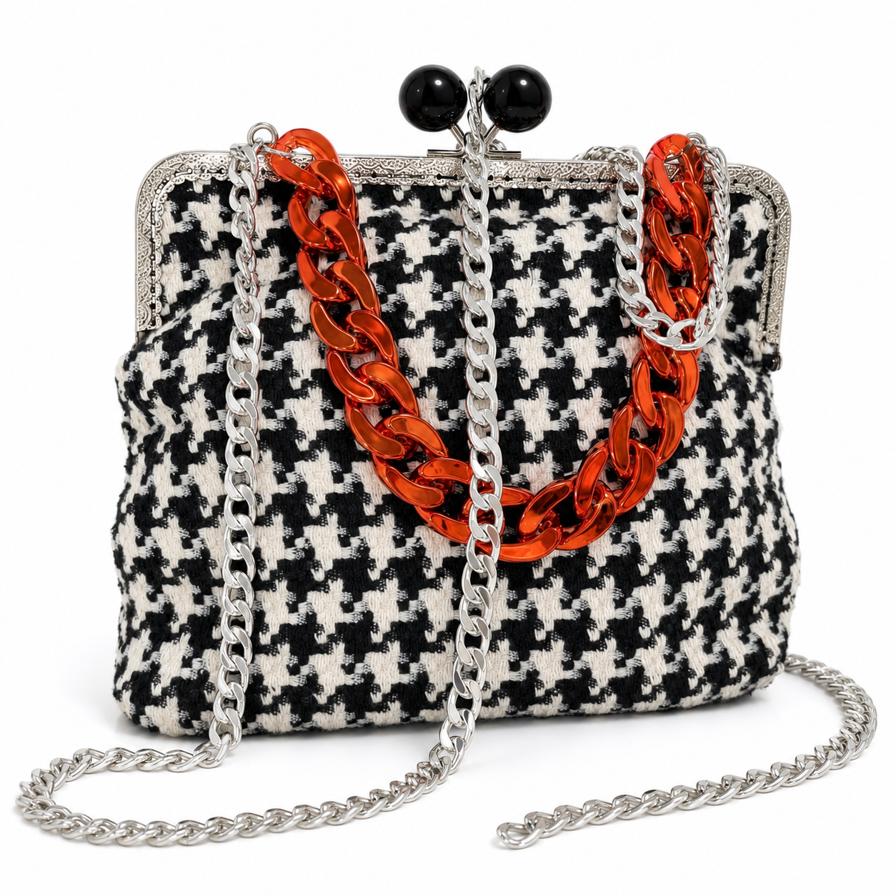 Chainette Handmade Houndstooth Clutch Bag with Orange Acrylic Chain and Silver Shoulder Chain for Women