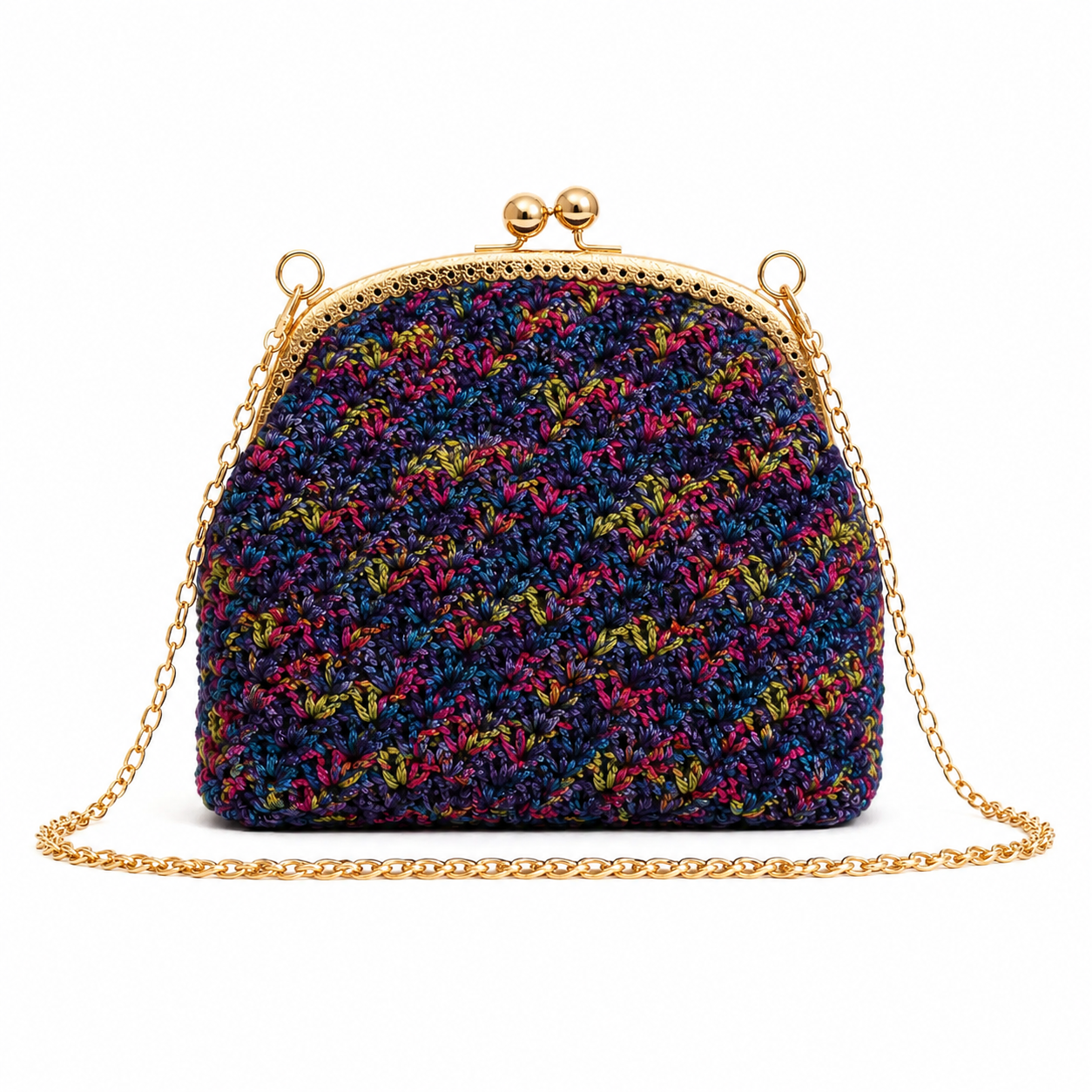 Chainettes Handmade Multicolor Crochet Clutch Bag with Gold Frame
