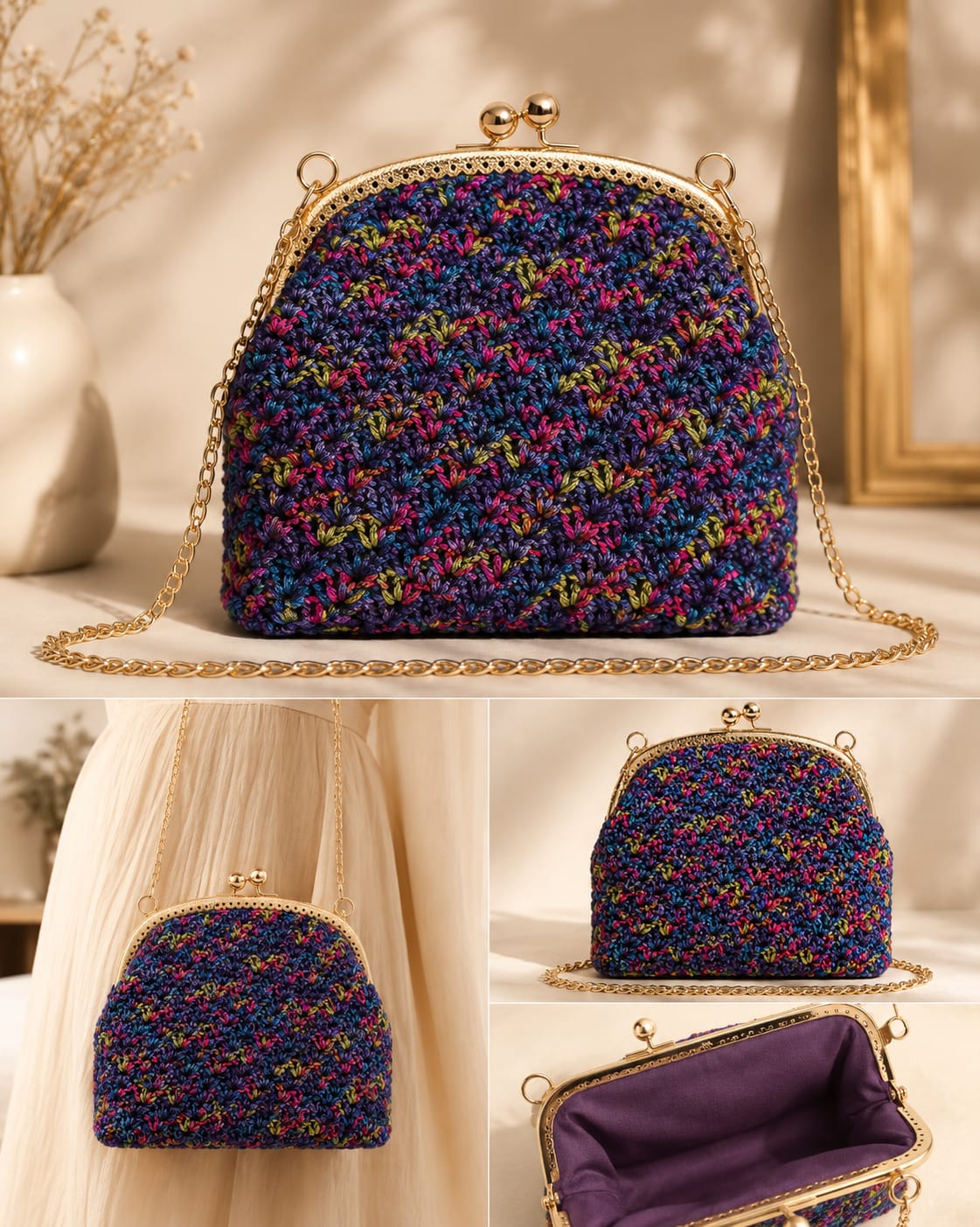 Chainettes Handmade Multicolor Crochet Clutch Bag with Gold Frame