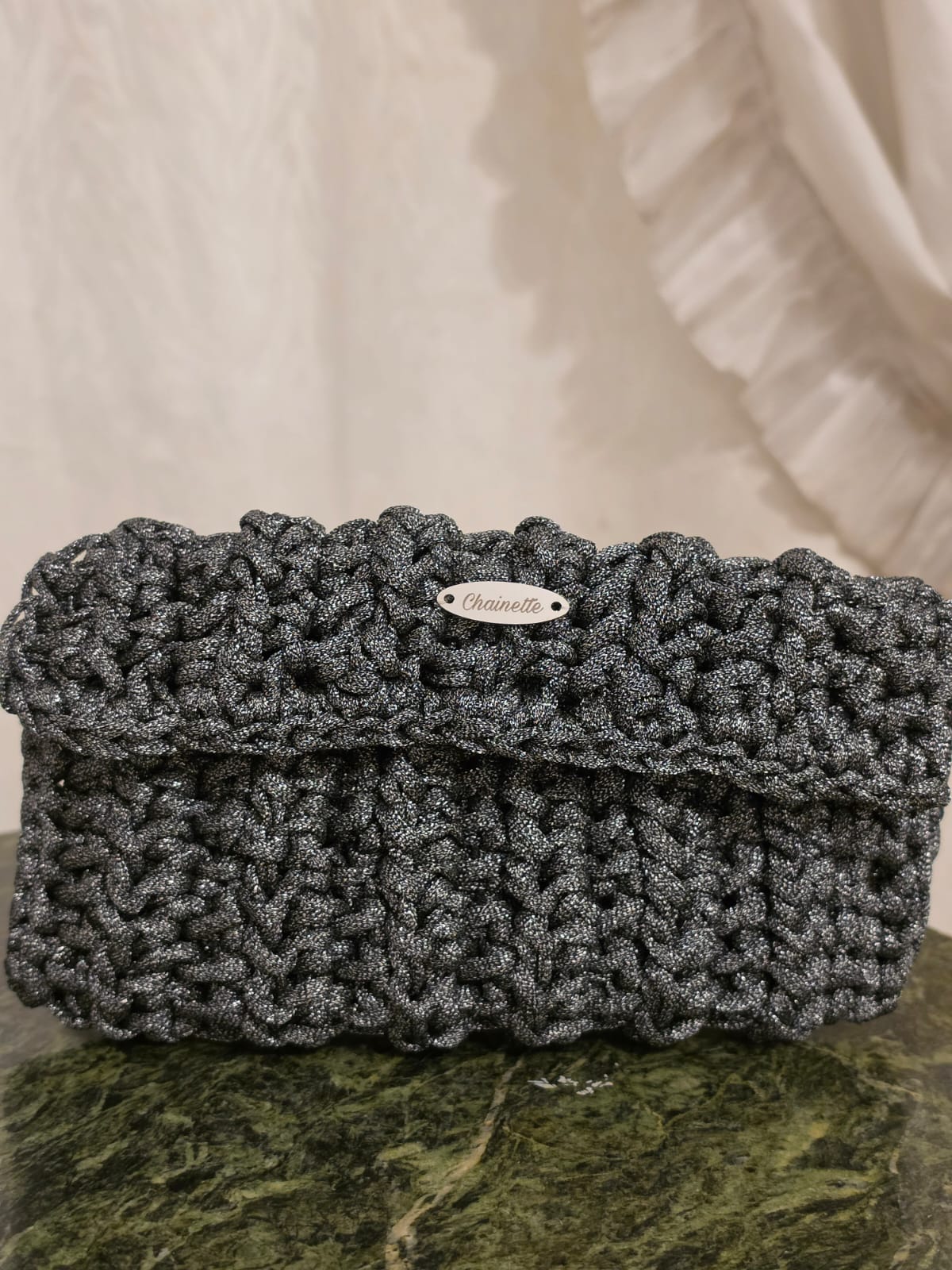 Graphite Loop Crochet Clutch handmade by Chainettes