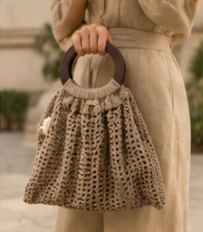 Handmade Crochet Tote Bag with Wooden Handles