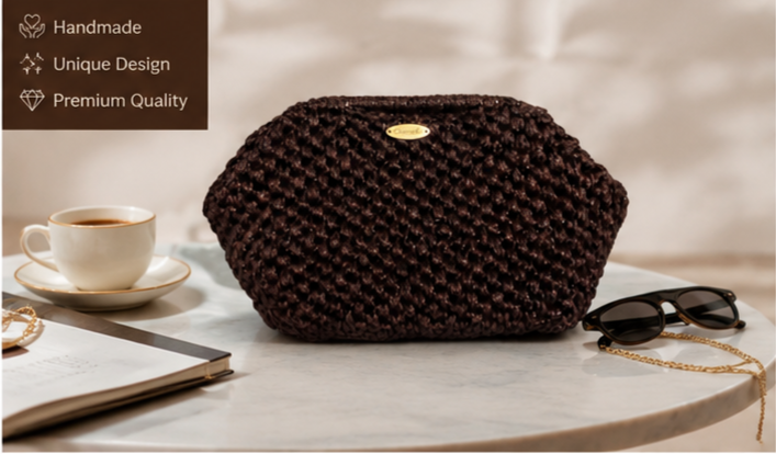Handmade Crochet Clutch Bag – Chocolate Brown | Elegant Evening Pouch