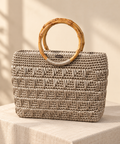 Chainettes beige chain yarn crochet bag with round bamboo handles
