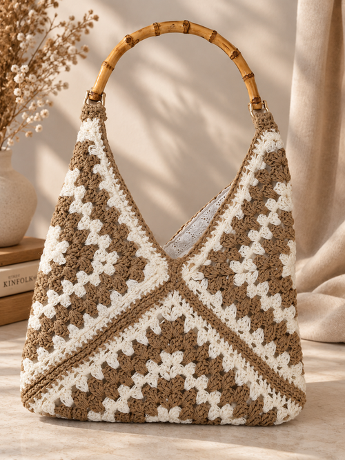 Chainettes handmade beige and ivory cotton crochet bag with bamboo handle