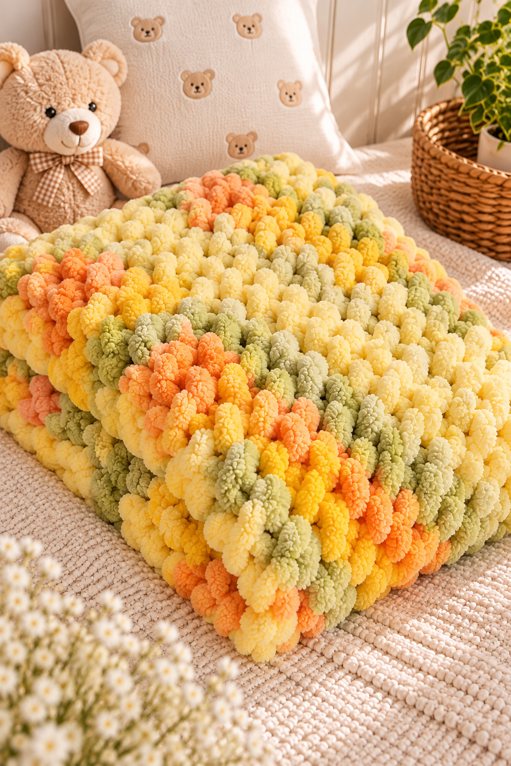 Chainette pastel handmade baby blanket styled product photo