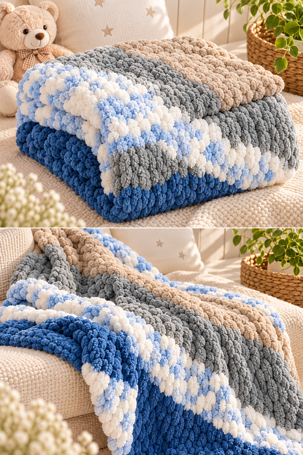 Chainette large blue and grey handmade blanket styled product photo
