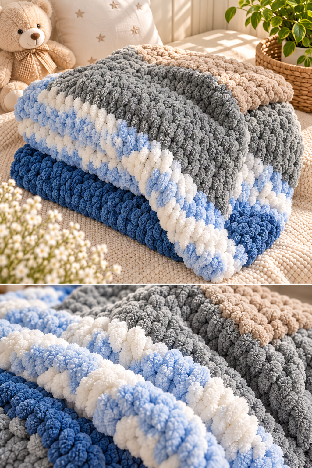 Chainette large blue and grey handmade blanket styled product photo