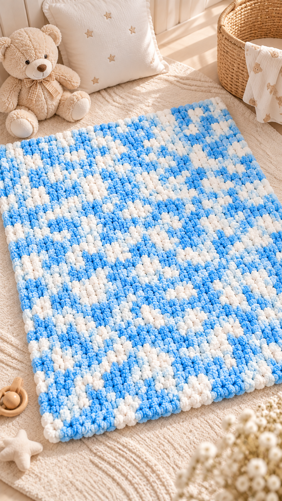 Chainette blue and white handmade baby blanket