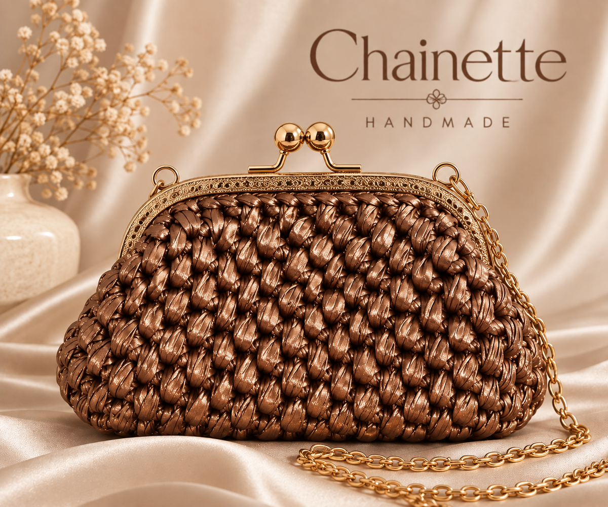 Chainette bronze metallic leather crochet clutch with gold strap