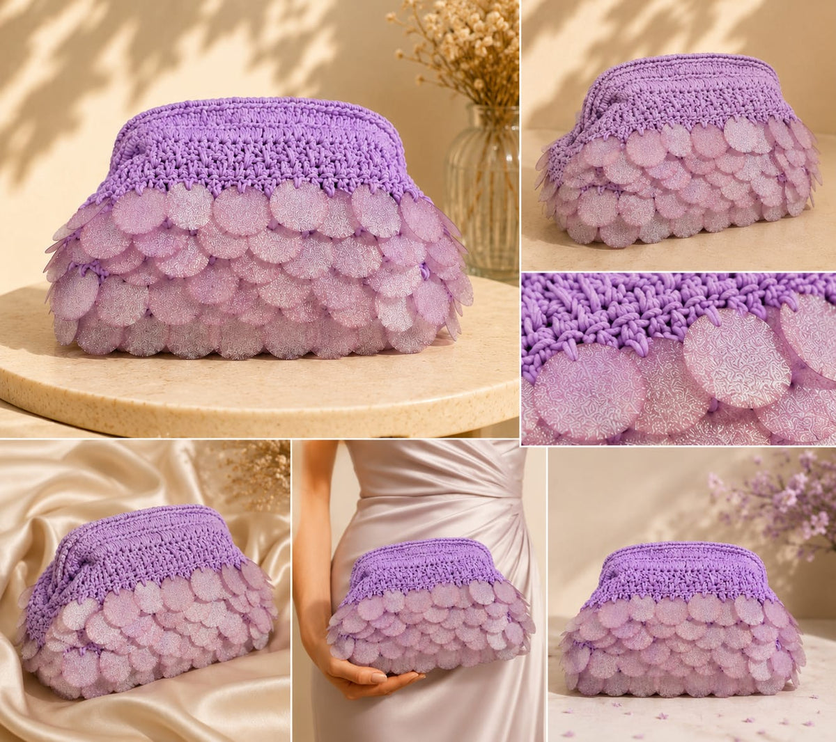 Chainette mauve handmade crochet bag with matte imported glitter sequins
