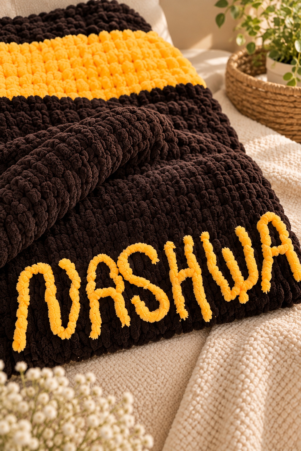 Chainette personalised NASHWA blanket in brown and gold