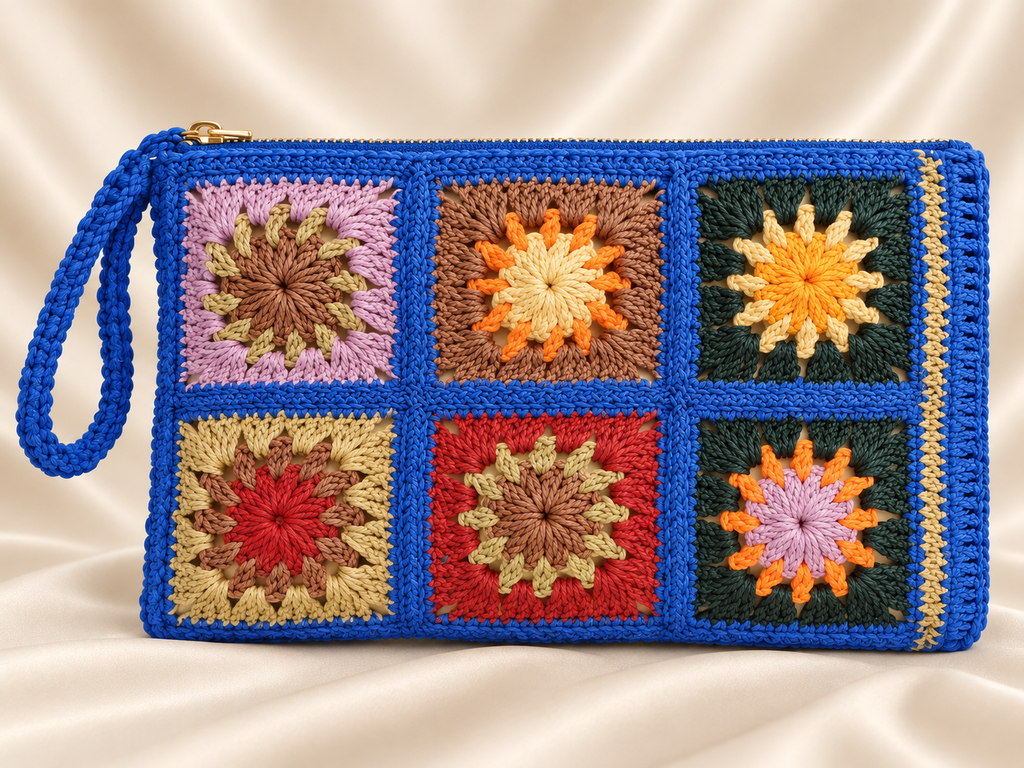 Blue multicolor handmade raffia granny square clutch