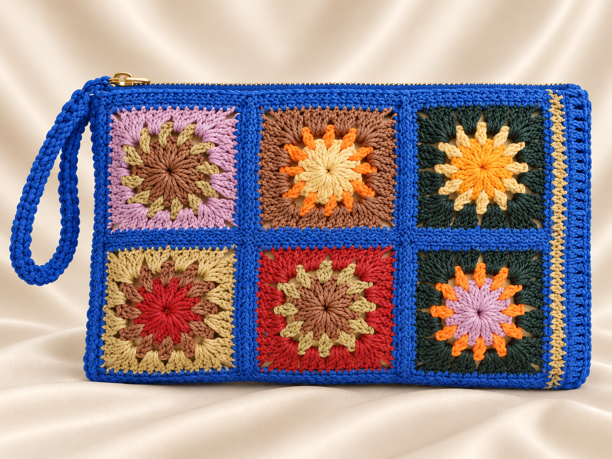 Blue multicolor handmade raffia granny square clutch