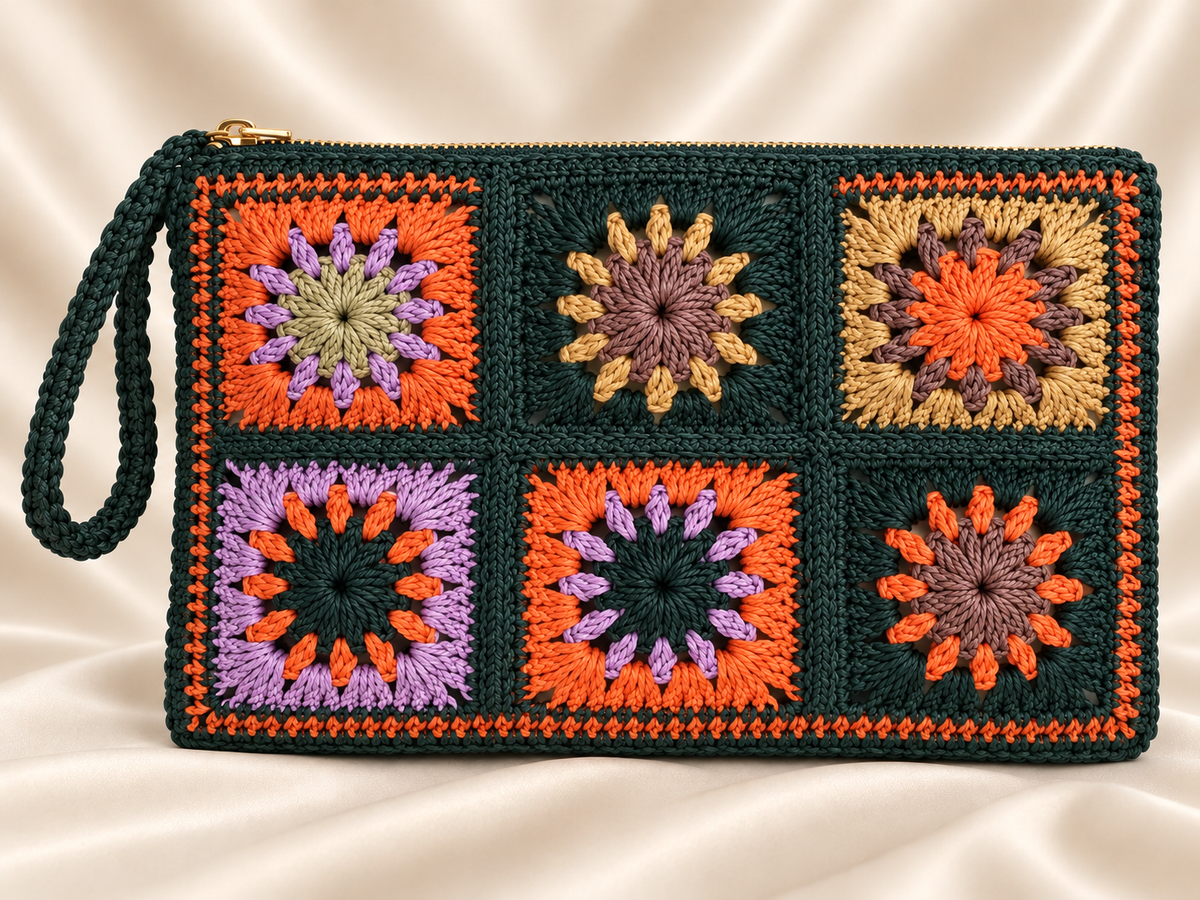 Dark green multicolor handmade raffia granny square clutch