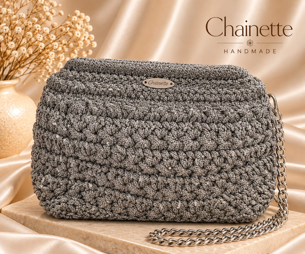 Chainette large silver Sirma crochet clutch with silver chain
