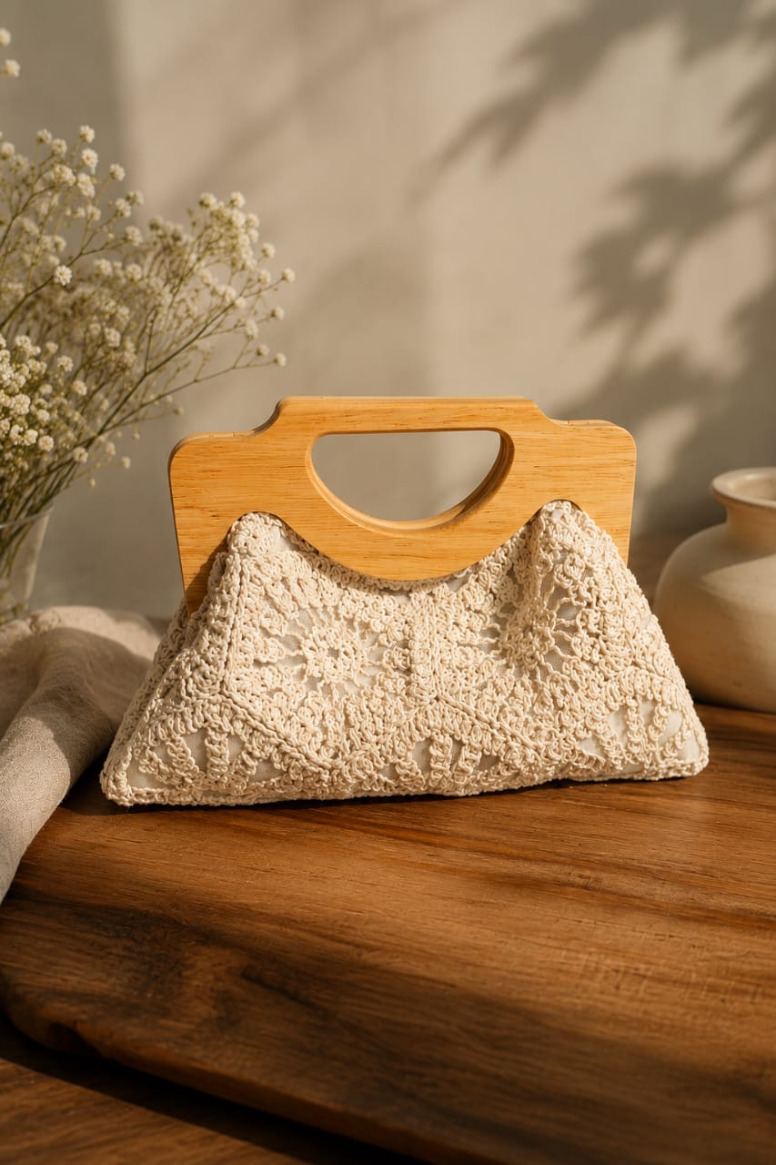 Chainettes ivory crochet fabric bag with wooden magnetic frame handle