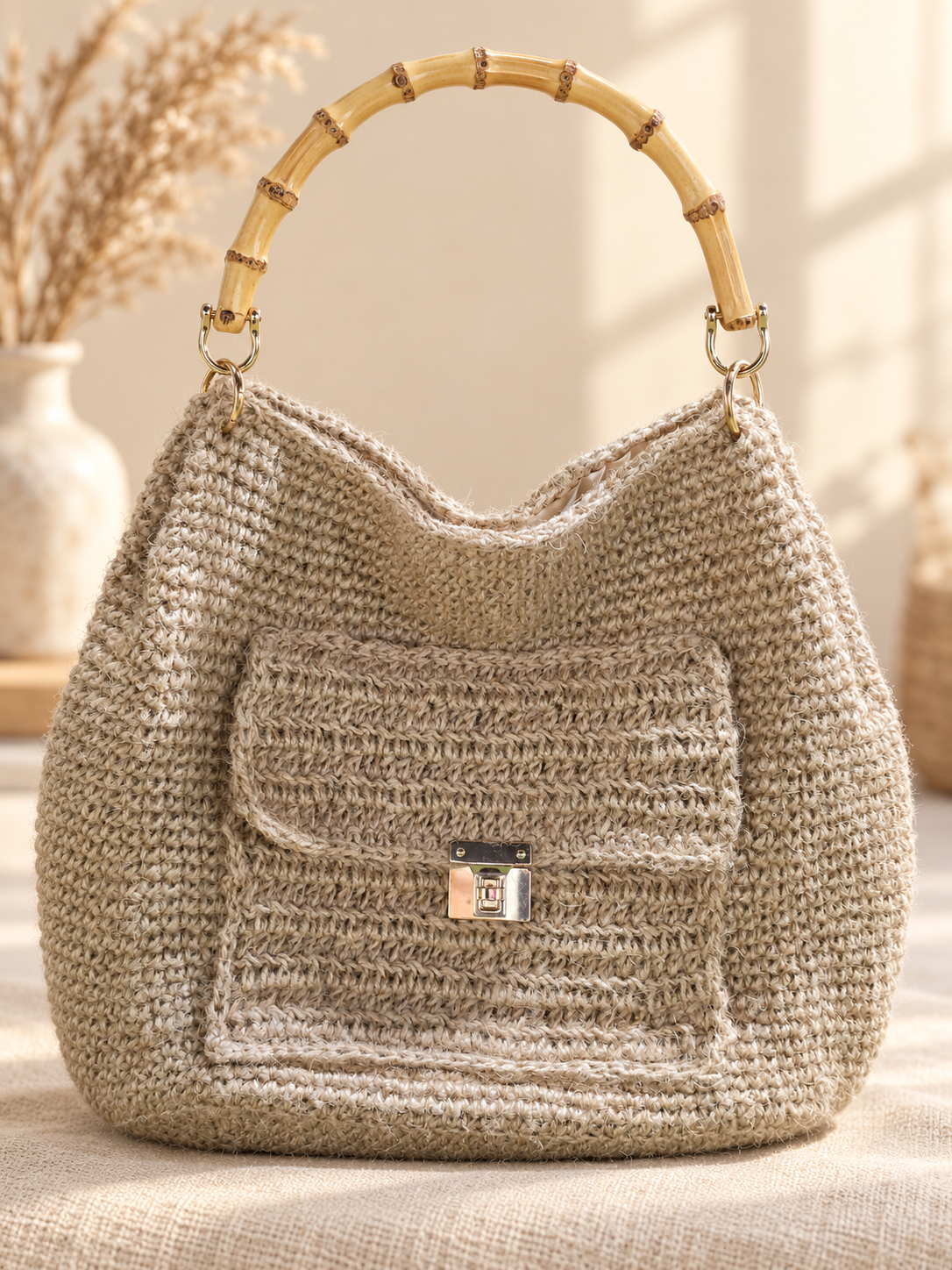Chainettes large natural jute crochet bag with bamboo handle and metal-lock front pocket