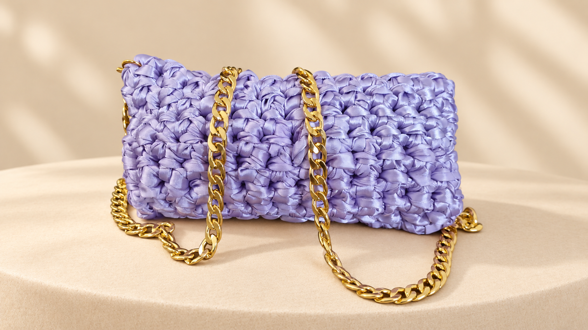 Chainettes lavender satin crochet evening clutch with gold chain strap