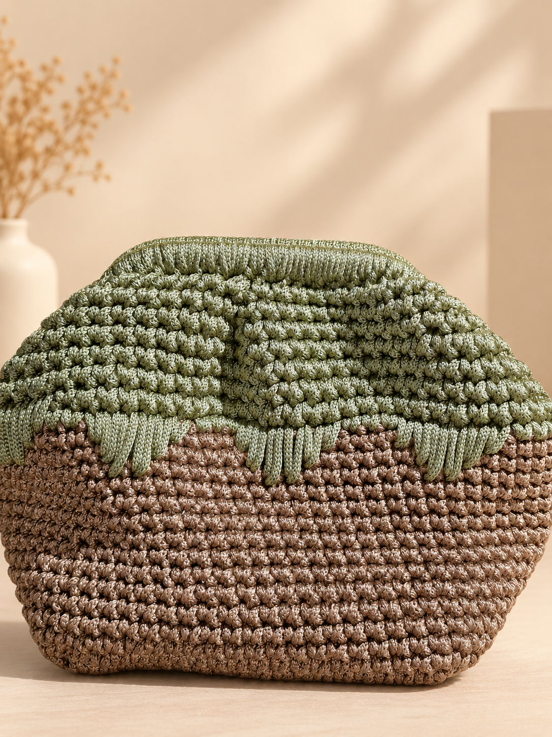 Chainettes olive green and light brown chain yarn crochet bag with magic frame