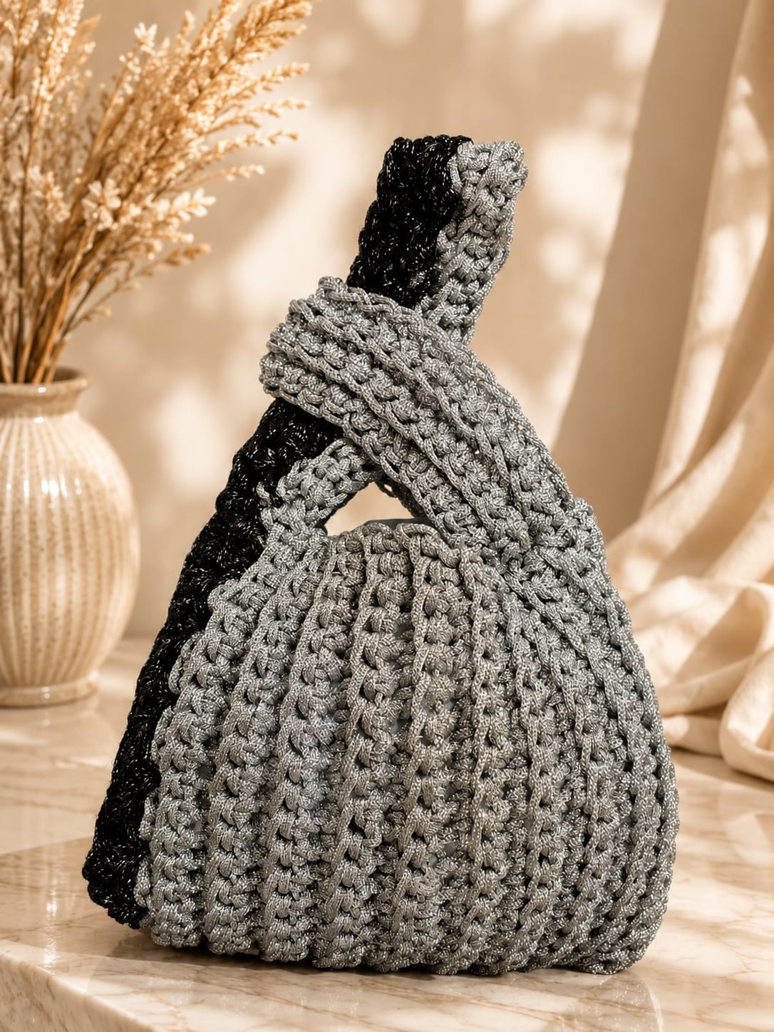 Chainettes silver and black sirma yarn crochet bag with knotted handle